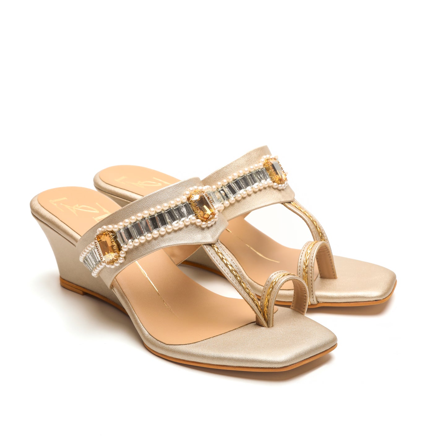 Gold Faux Leather Embroidered Wedges