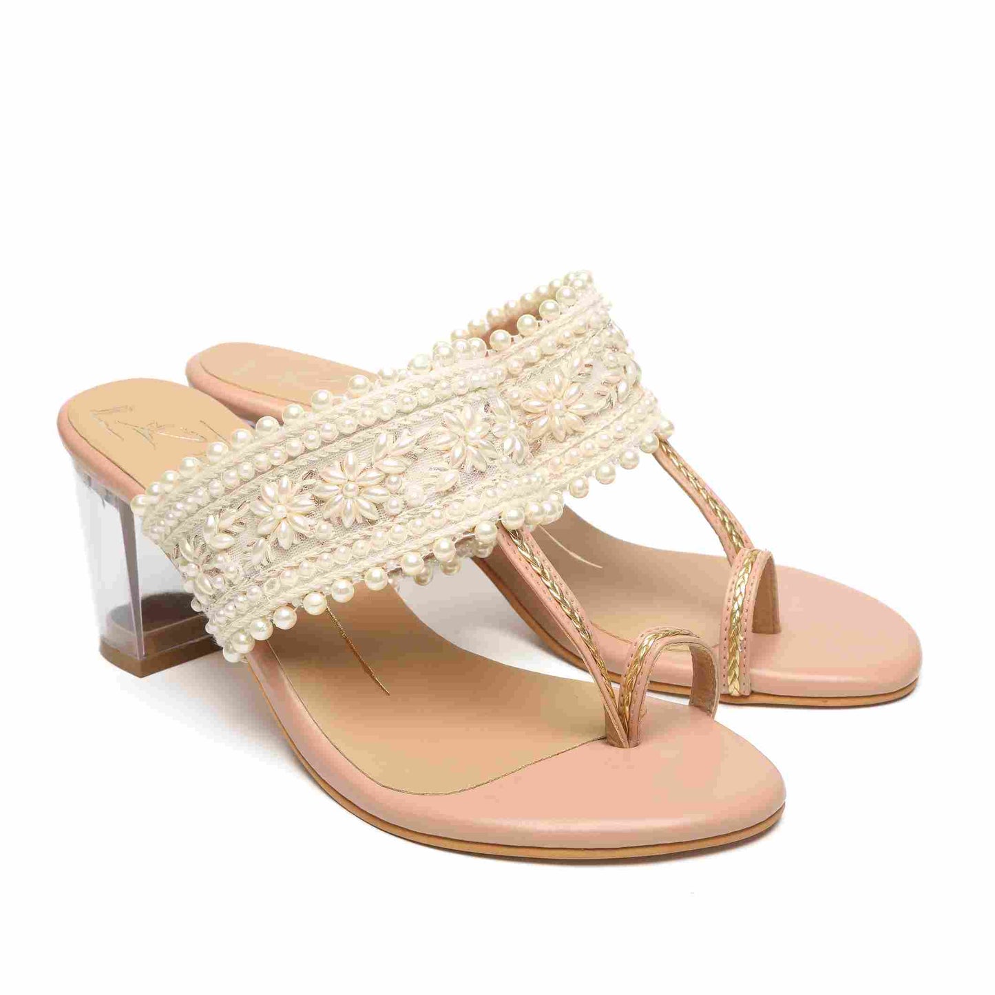 Nude Faux Leather Embroidered Kolhapuri Block Heels