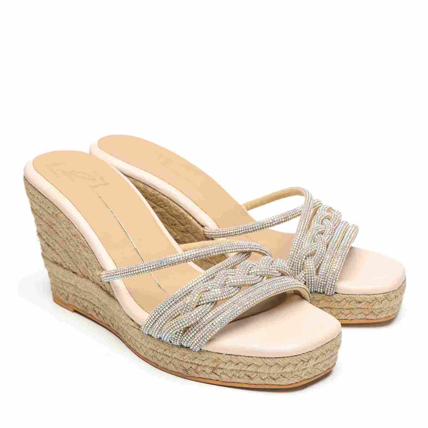 Beige Faux Leather Embroidered Wedges
