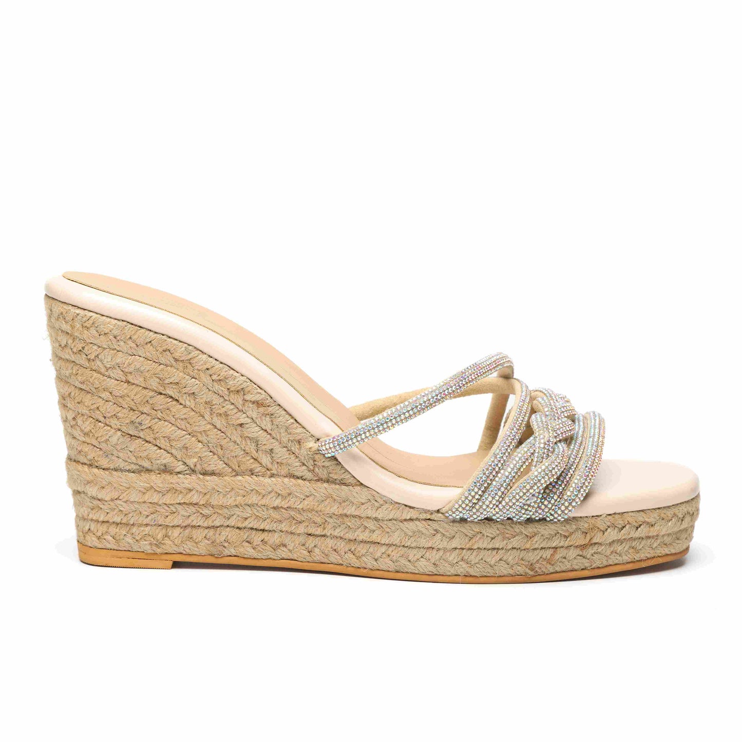 Beige Faux Leather Embroidered Wedges