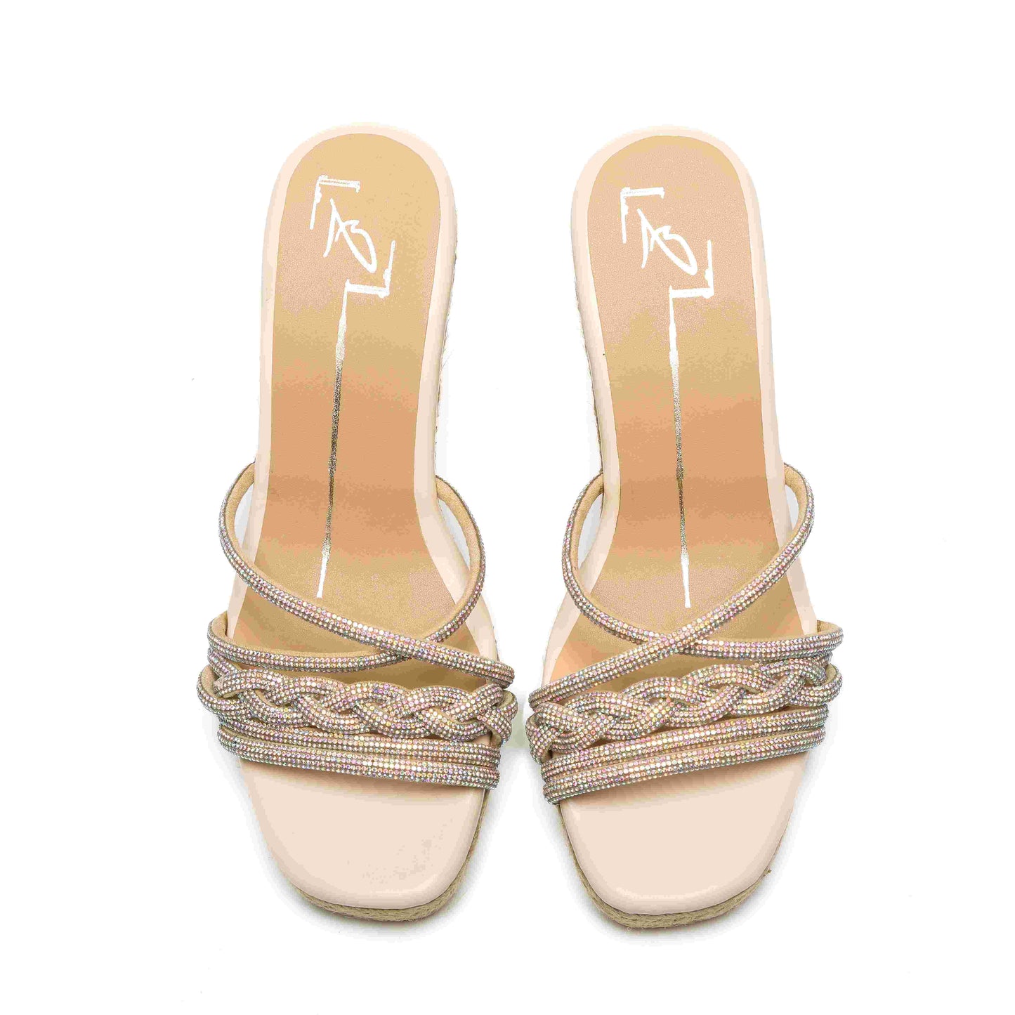 Beige Faux Leather Embroidered Wedges