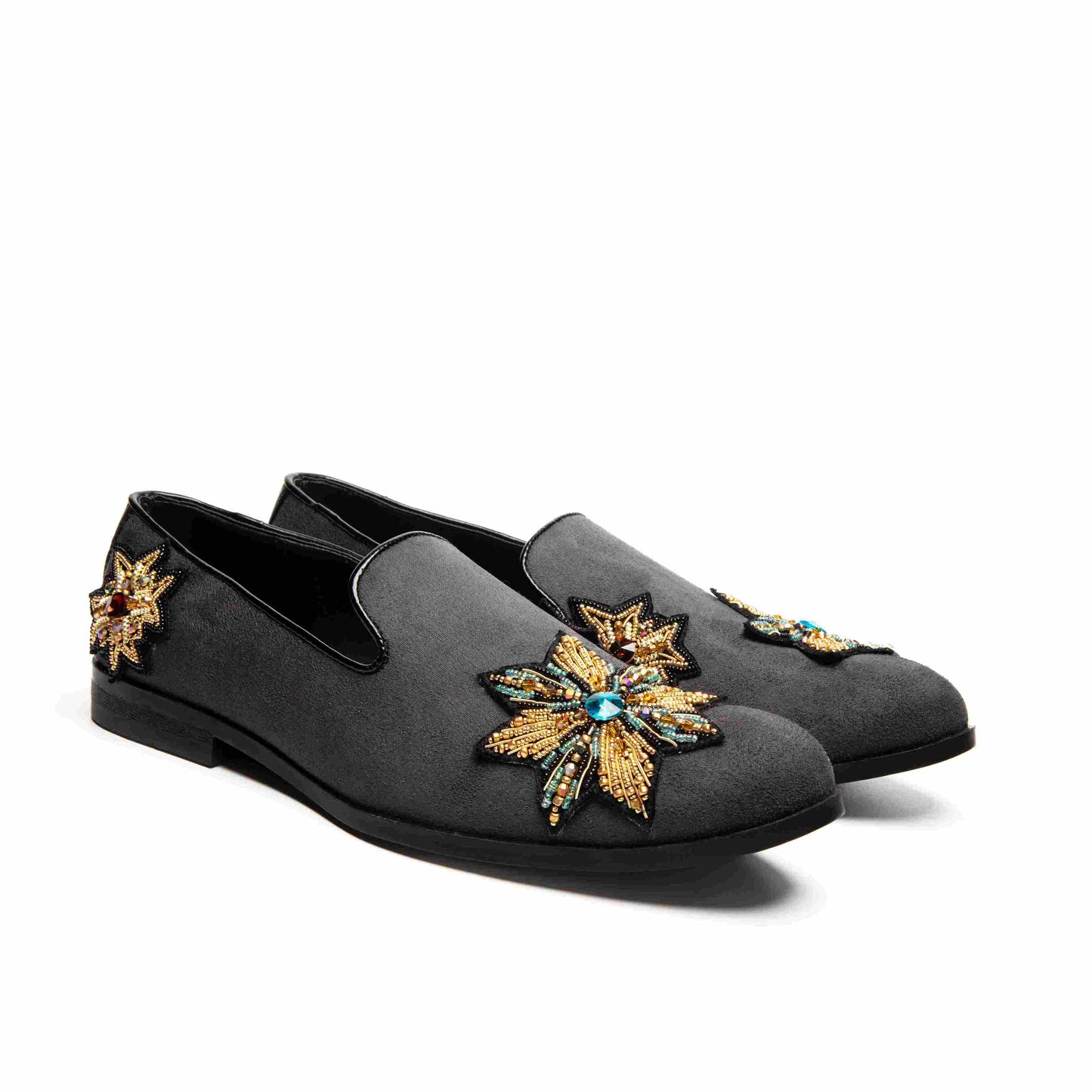 Grey Suede & Leather Embroidered Moccasin Shoes
