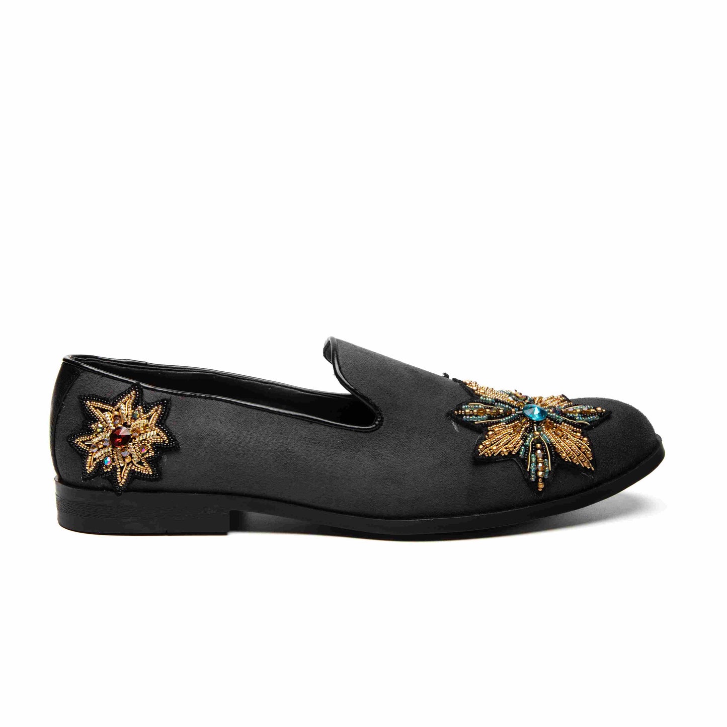 Grey Suede & Leather Embroidered Moccasin Shoes