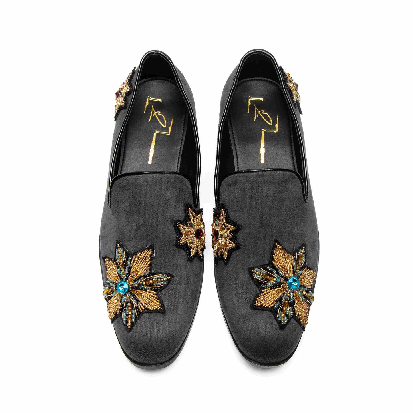 Grey Suede & Leather Embroidered Moccasin Shoes