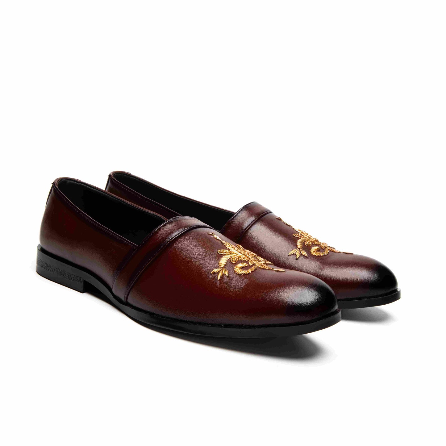 Cherry Red Leather Embroidered Moccasin Shoes