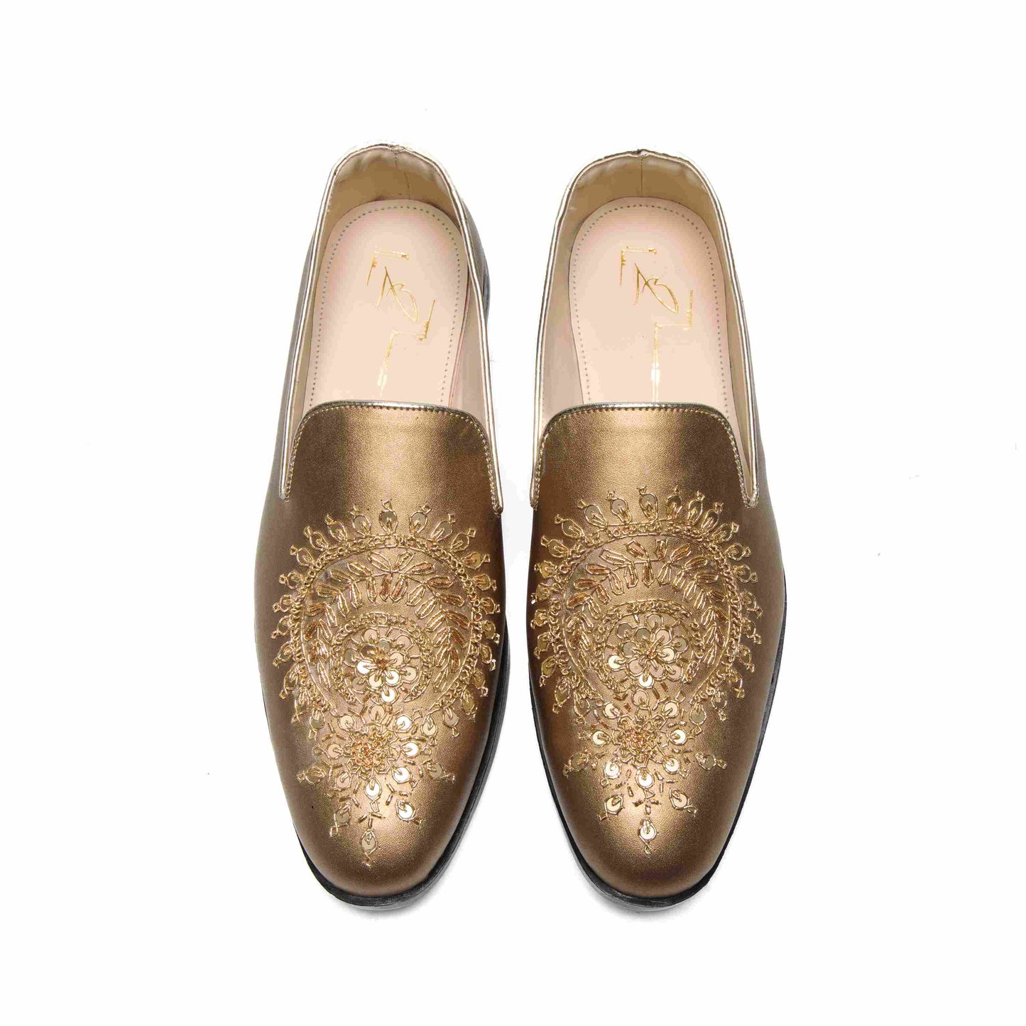 Antique Gold Faux Leather Embroidered Moccasin Shoes