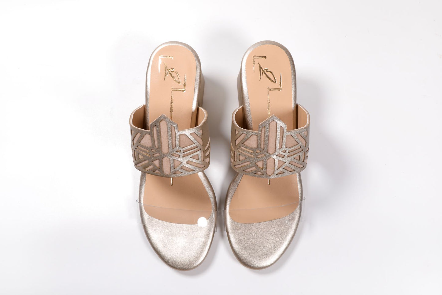 Golden Block Heels With Laser-Cut Strap