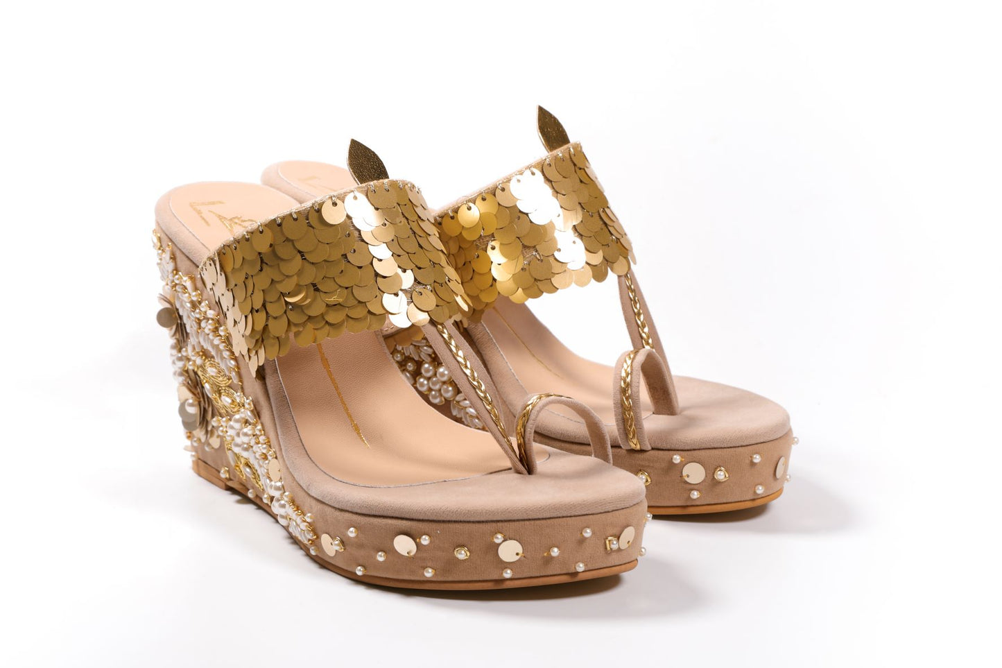 Beige Embroidered Kolhapuri Wedges