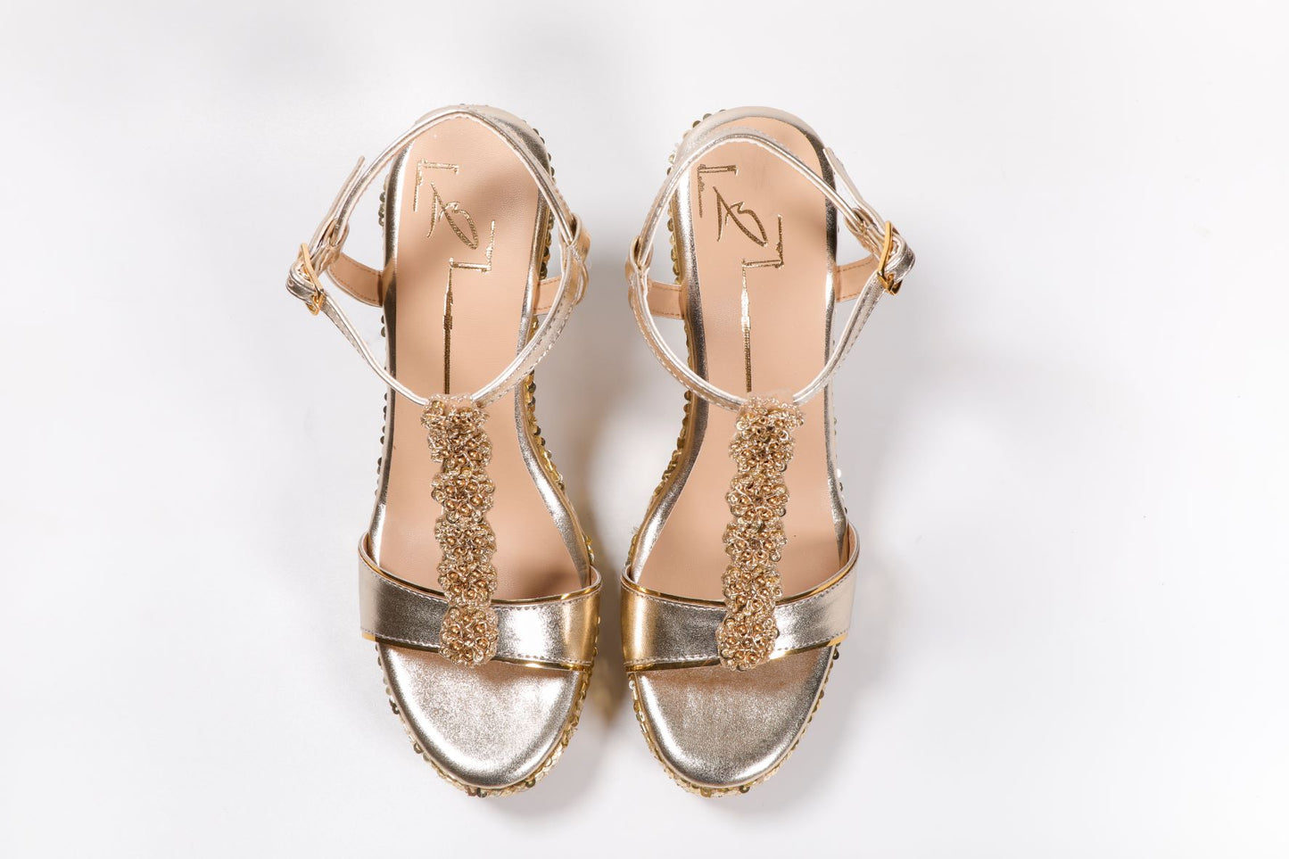 Gold Faux Leather Embroidered Wedges