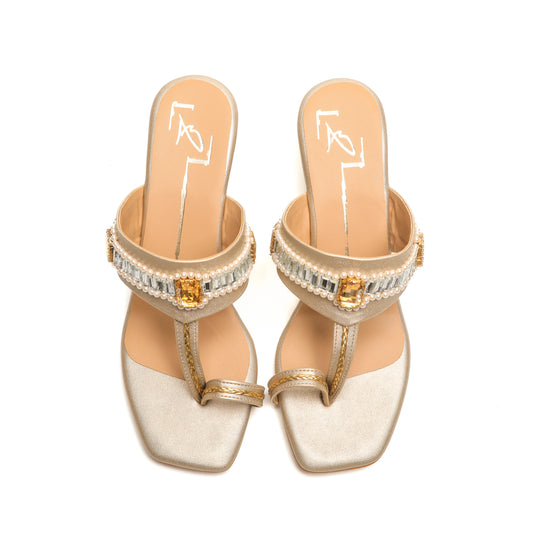 Gold Faux Leather Embroidered Wedges
