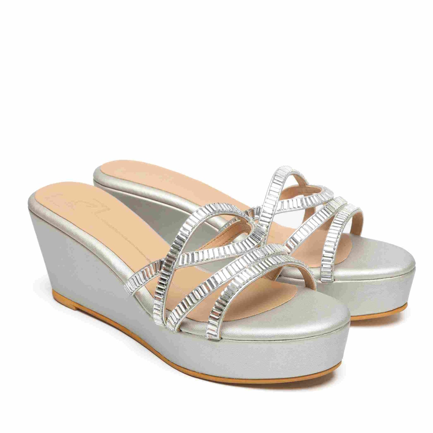 Silver Faux Leather Embroidered Wedges