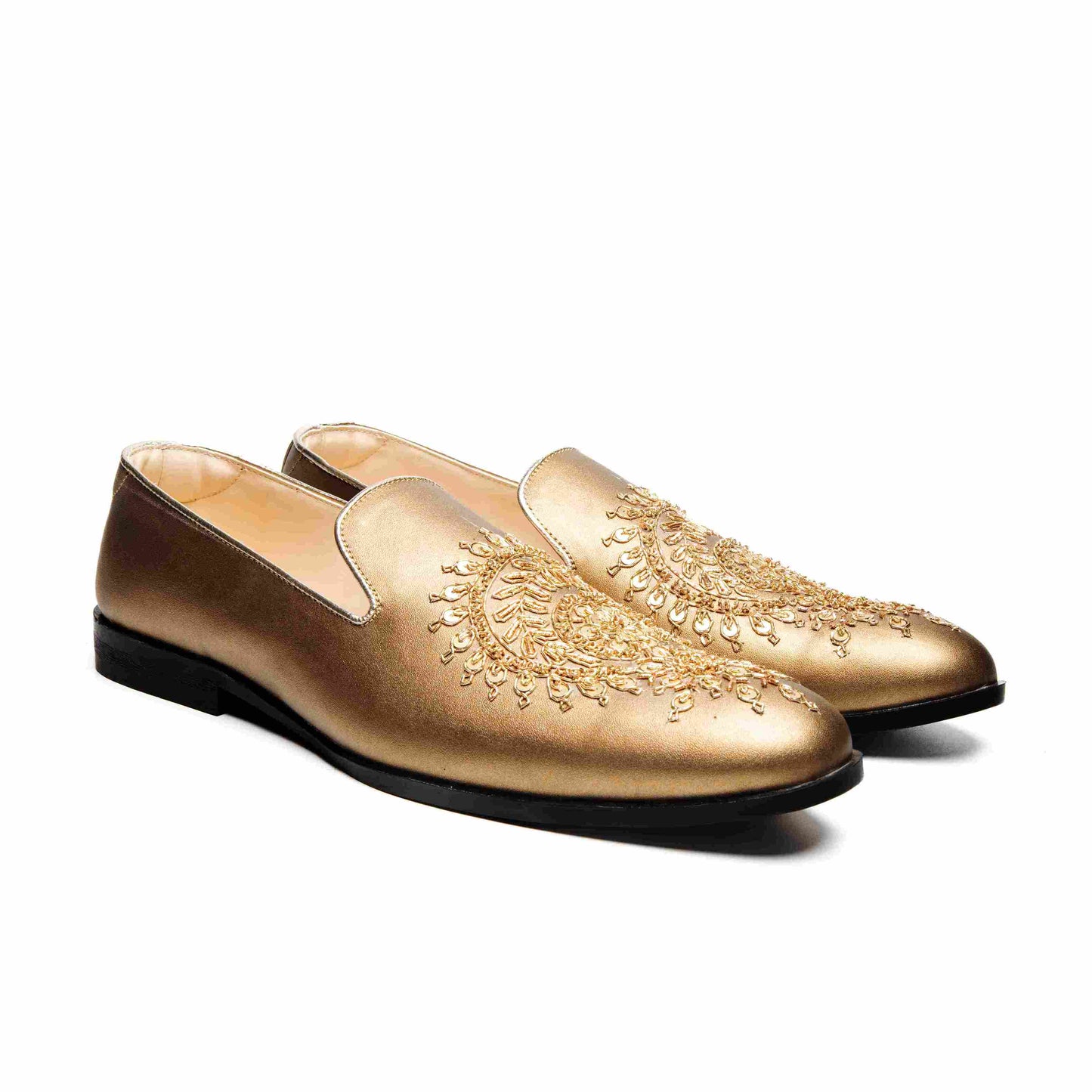 Antique Gold Faux Leather Embroidered Moccasin Shoes