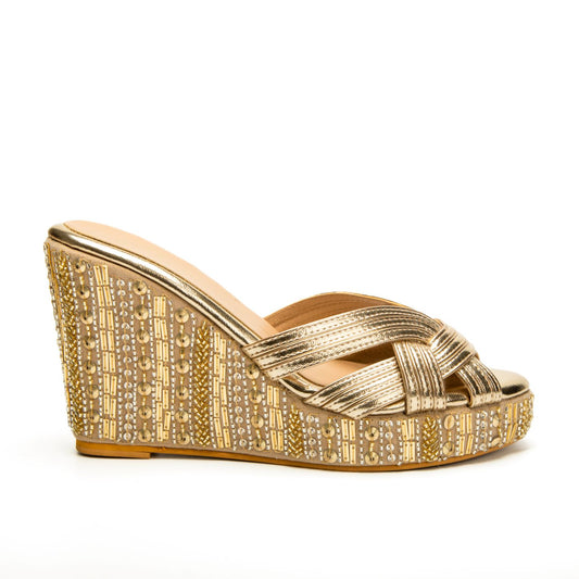 Metallic Gold Embroidered Wedges