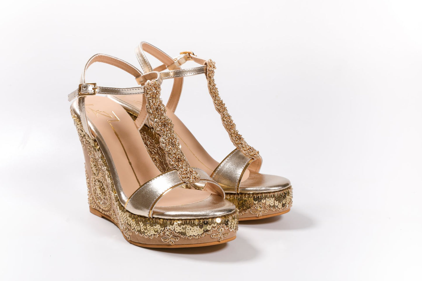 Gold Faux Leather Embroidered Wedges