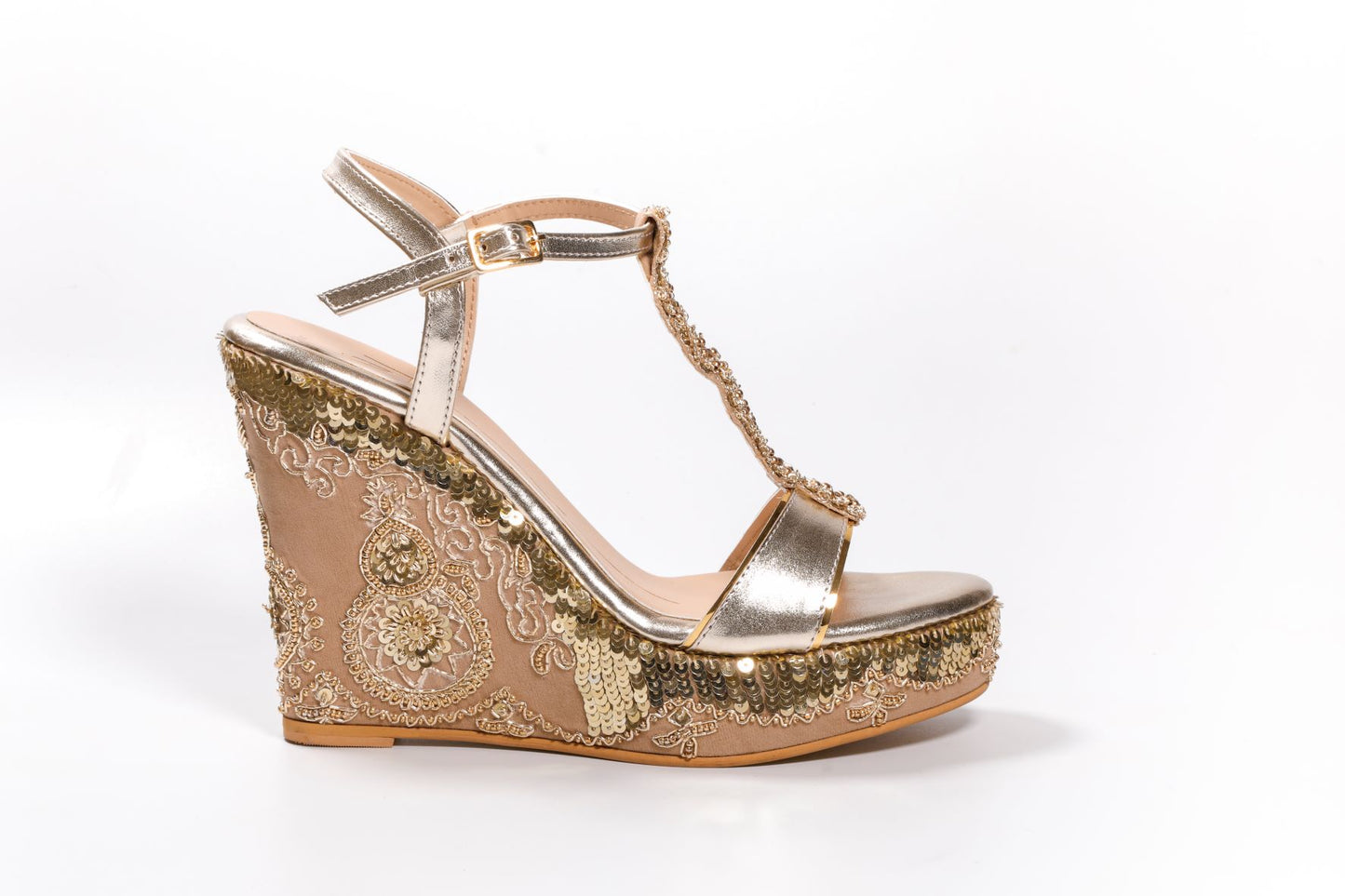 Gold Faux Leather Embroidered Wedges